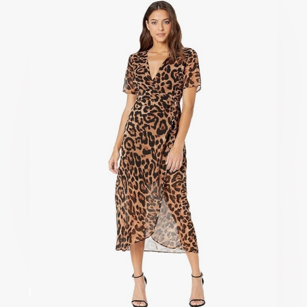 Bardot midi length, leopard print wrap dress.
